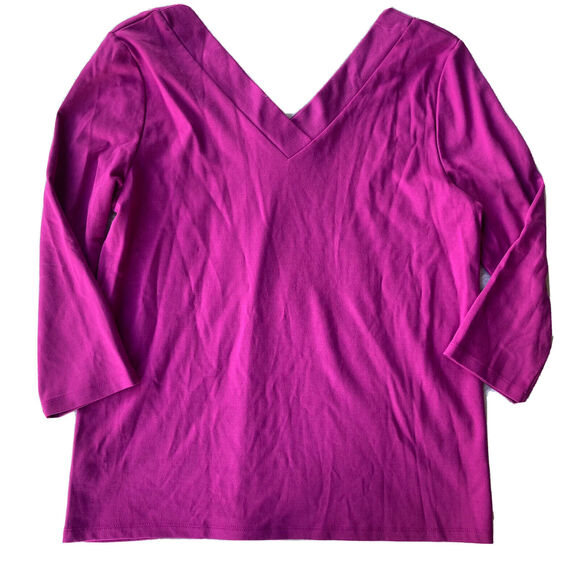 Halogen Blouse Sz M Magenta Pink 3/4 Sleeve Double V Neck Top Stretch Fun Womens - Picture 7 of 10
